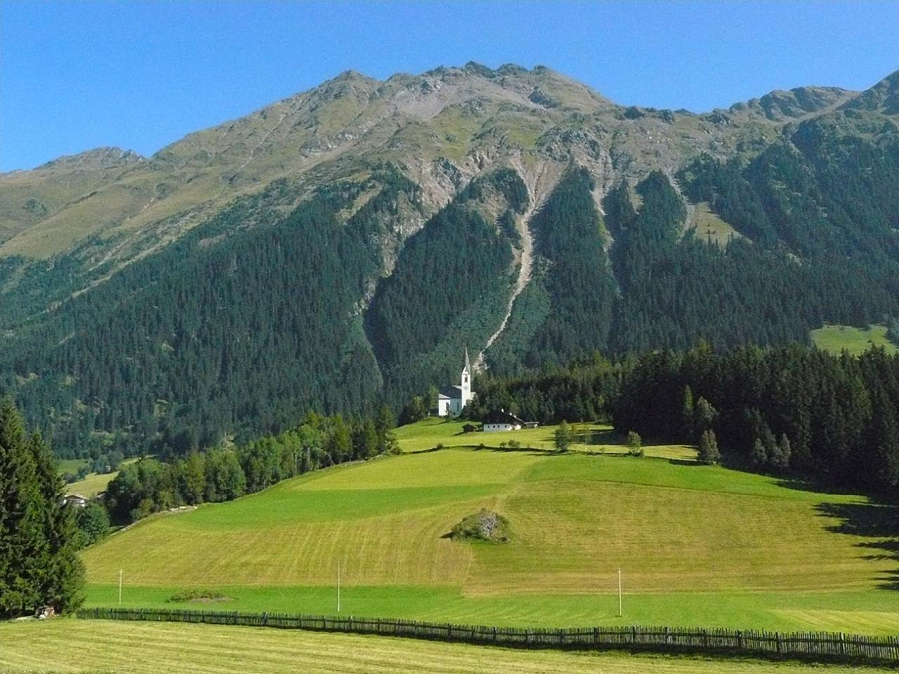 green pasture with mountains in background