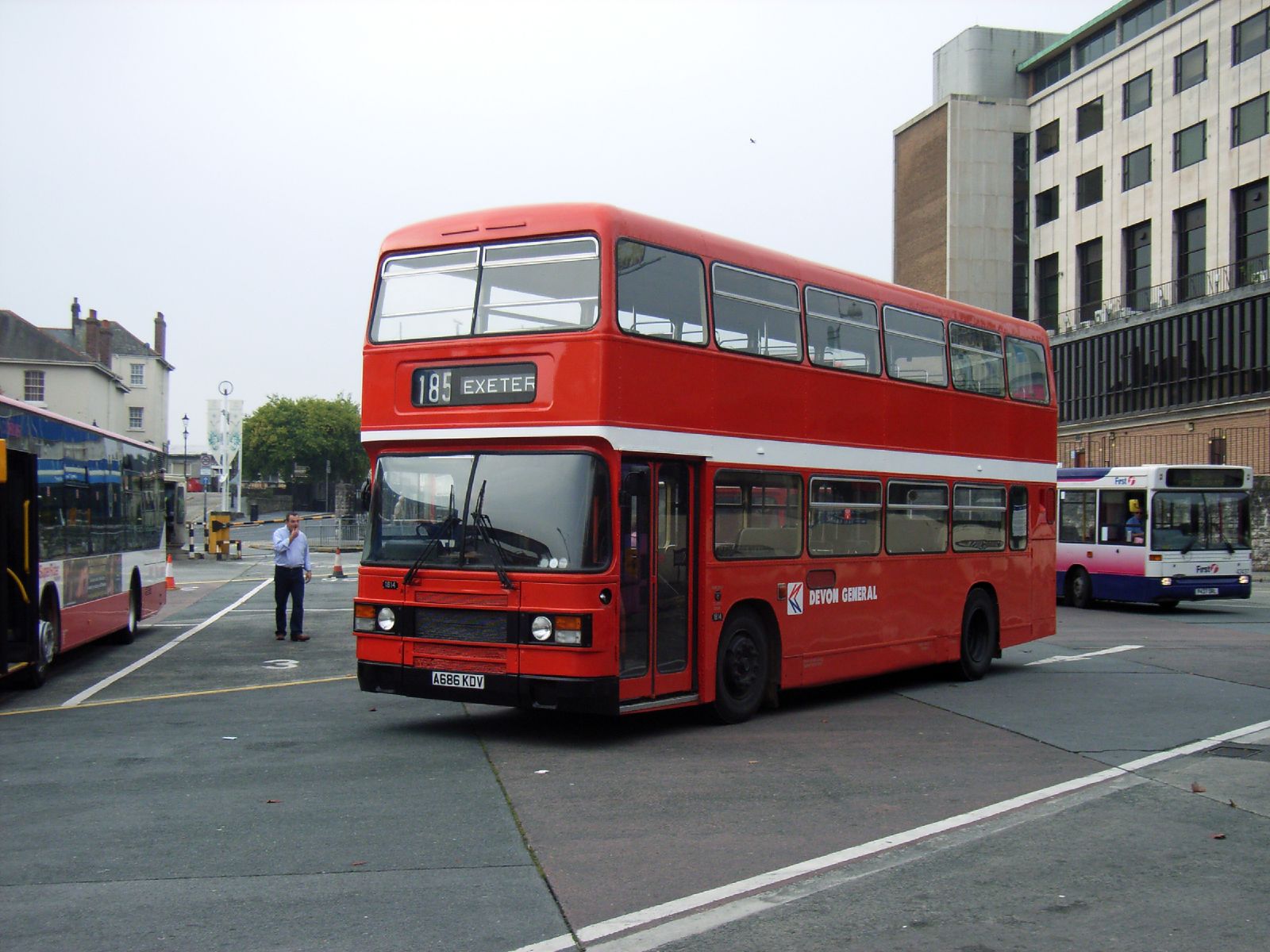 there is a large bus that has two floors