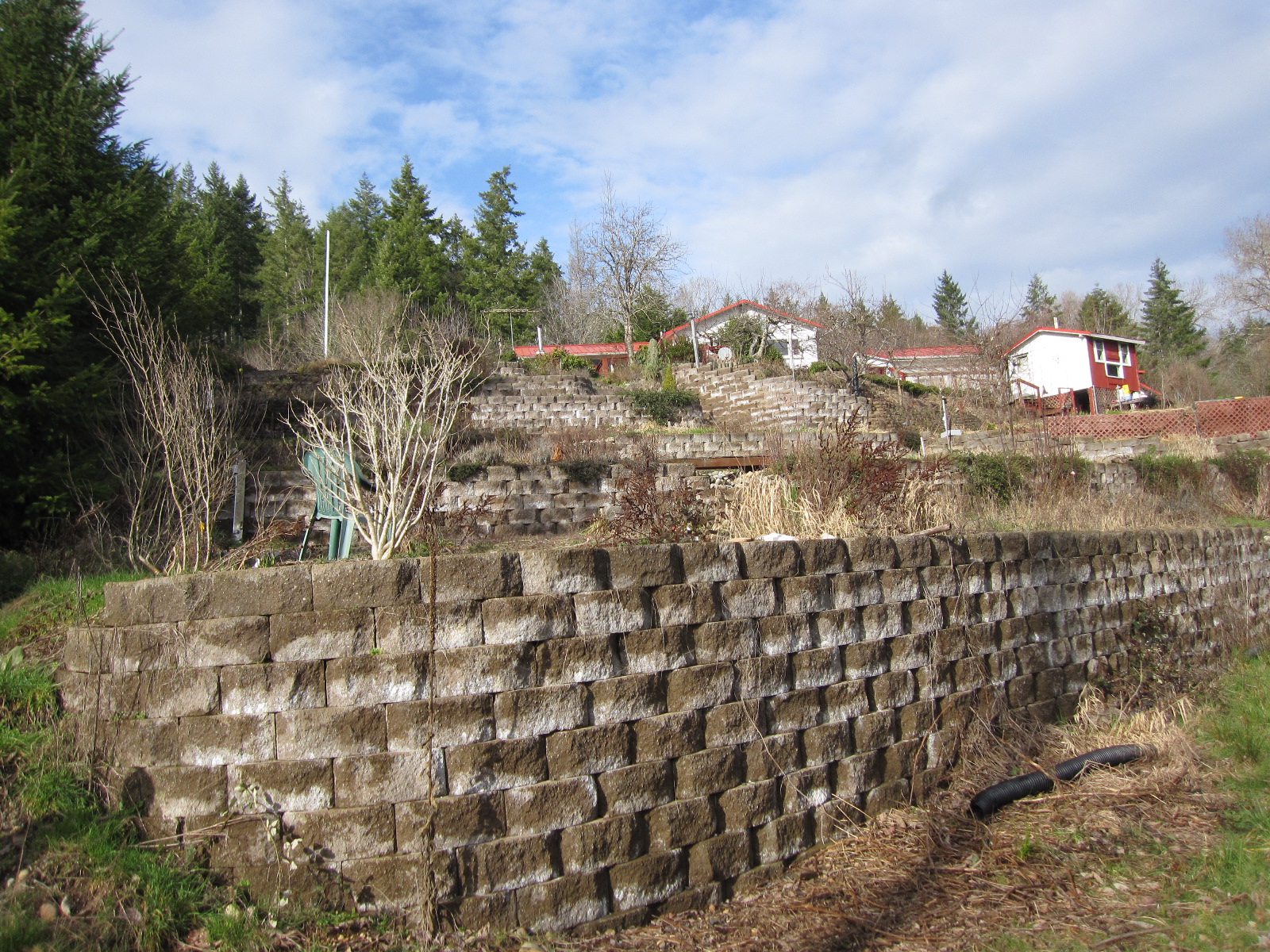 an old concrete block wall and some trees