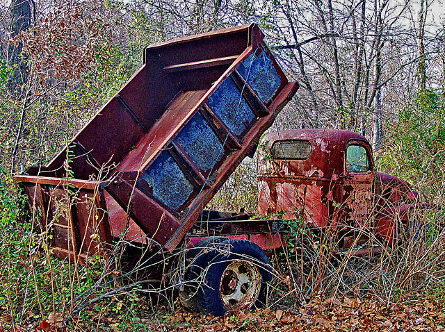 an old rusty dump truck sitting in the middle of the forest