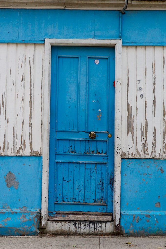 blue and white wooden door with no windows
