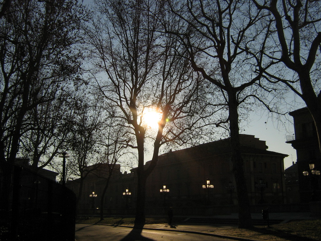 the sun shines through the trees near buildings