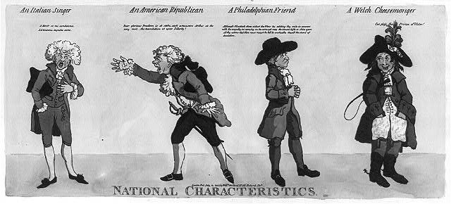 a cartoon depicting people in colonial attire