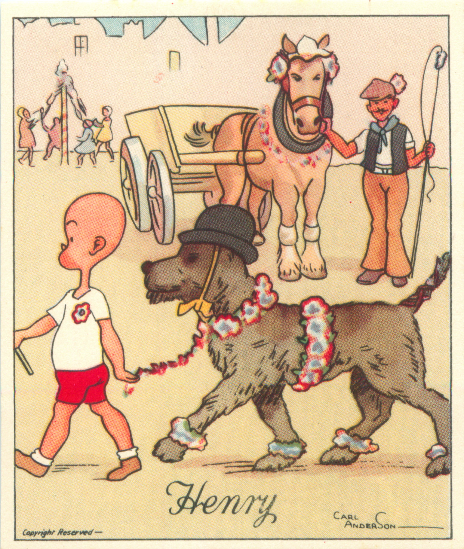 a card from the 1940s depicts men being pulled through a circus by a dog