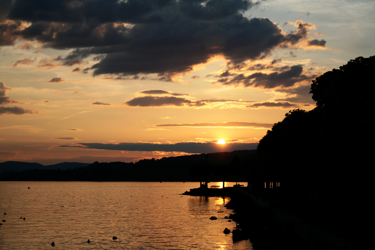 the setting sun on the lake is reflecting off the water