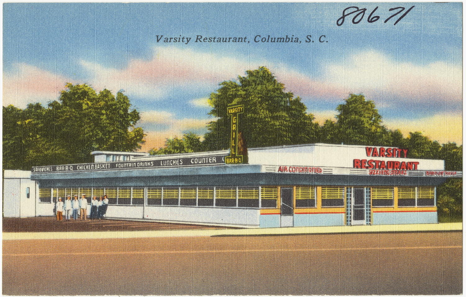 a postcard with a large image of a business