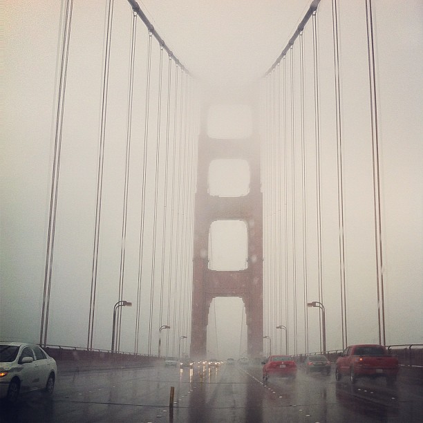 the golden gate bridge shrouded by heavy rain