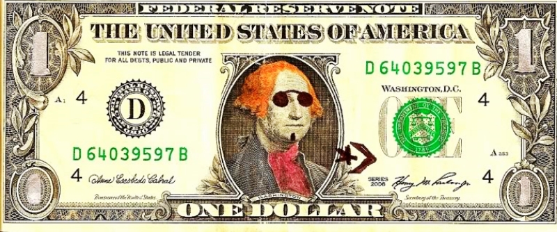 the back side of a $ 4 bill, with a face painted on it