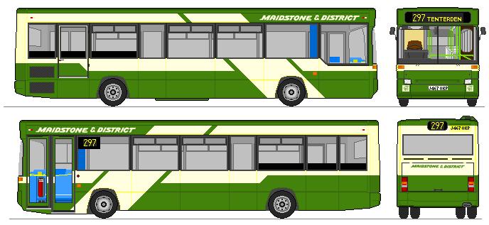 three different green busses are shown side by side