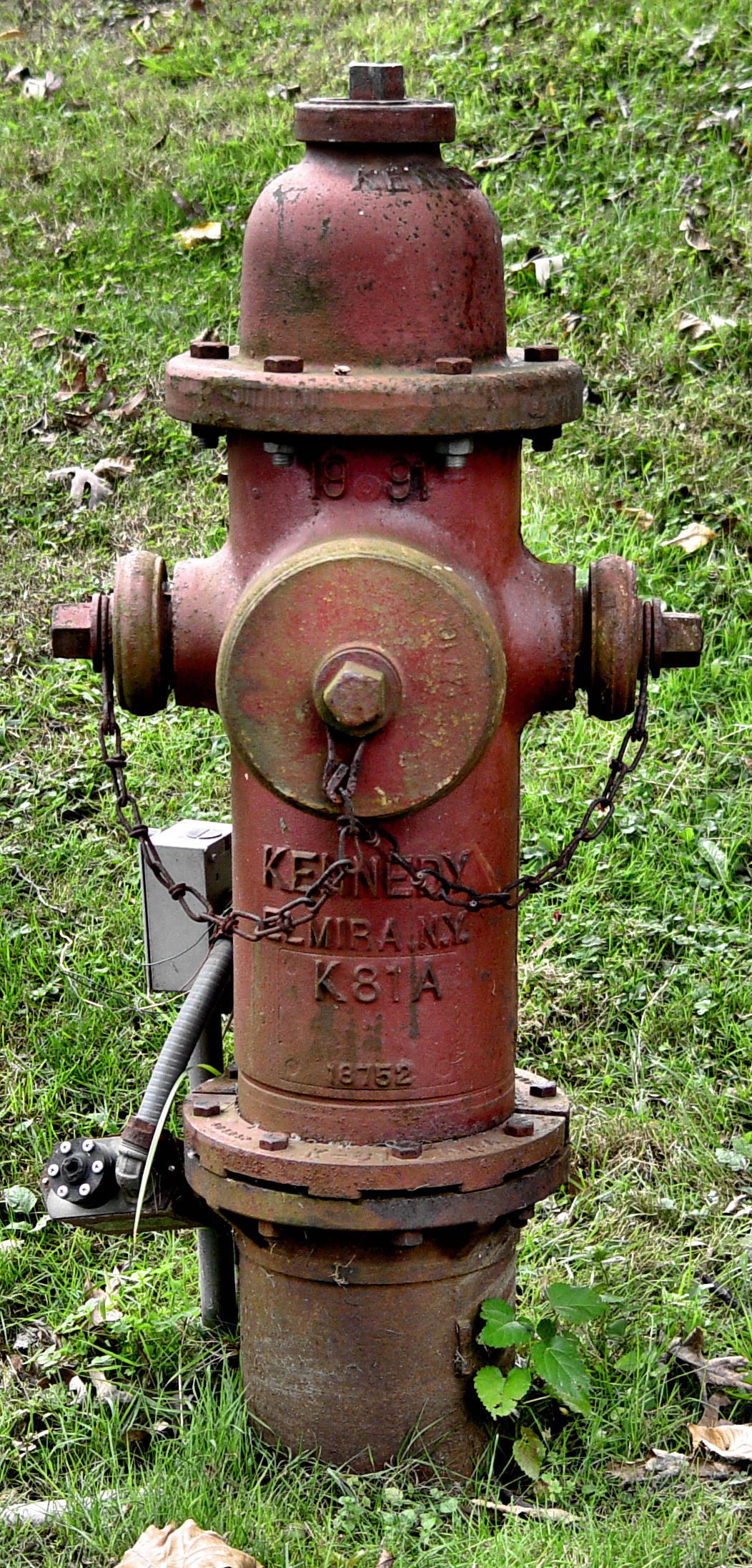 an old fire hydrant in a field of grass