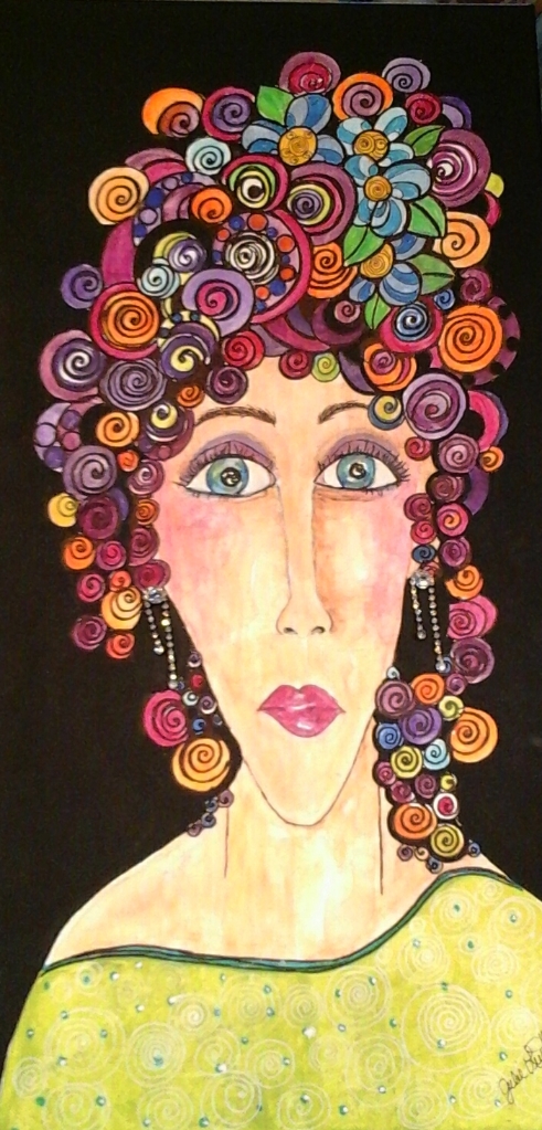 the woman has many curly hair and colorful flowers on her head