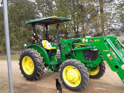 a dog stands next to a tractor in front of a green truck