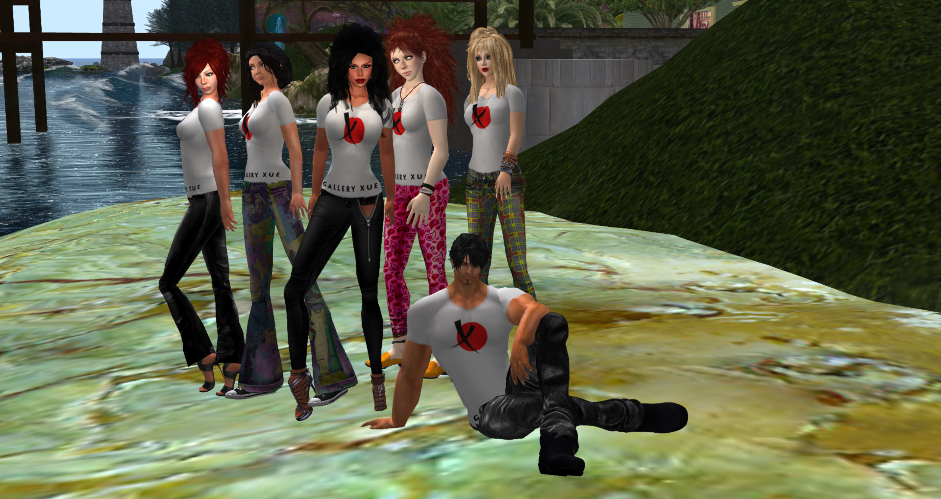 three animated 3d people, a woman in a red top and other virtual figures