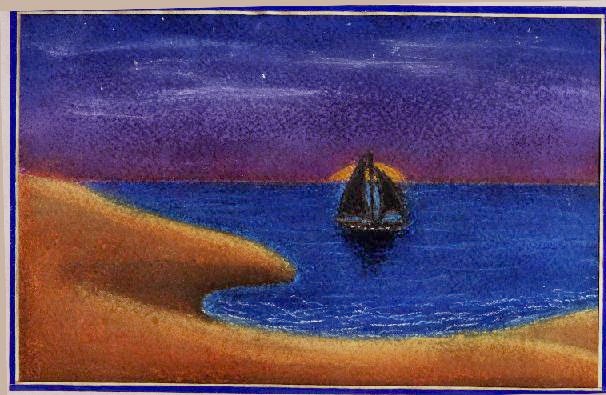 a drawing of a ship at sea with a sunset in the background