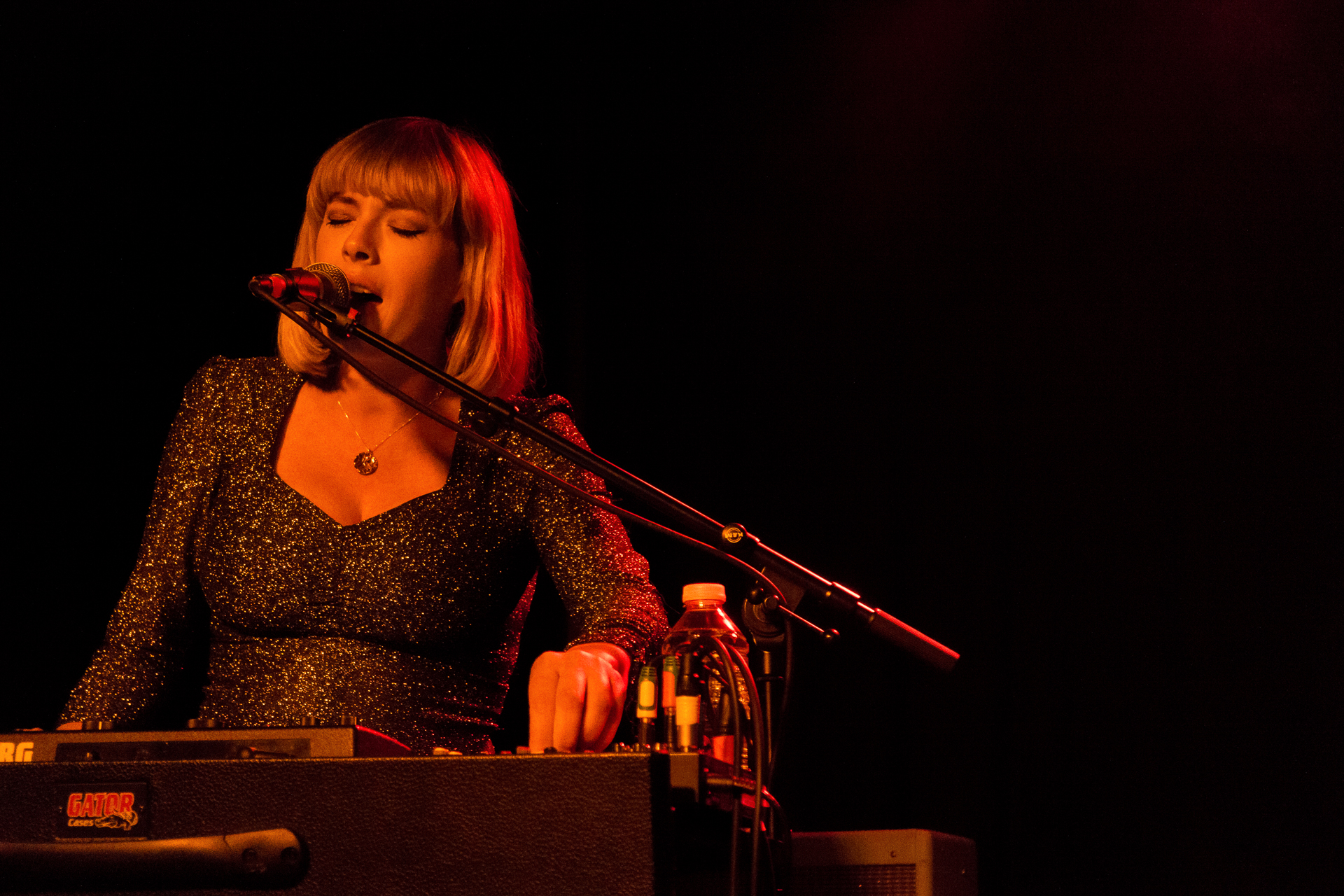 woman playing music at a live concert with microphone