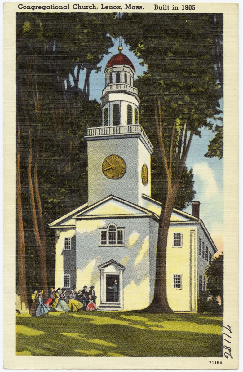 vintage print of church building with children walking in front