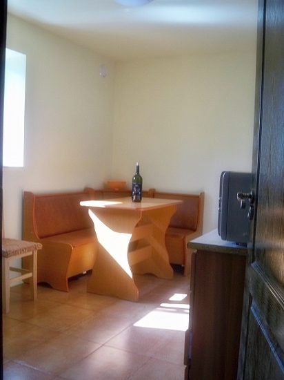 sunlight is coming in through a door that leads into a dining area