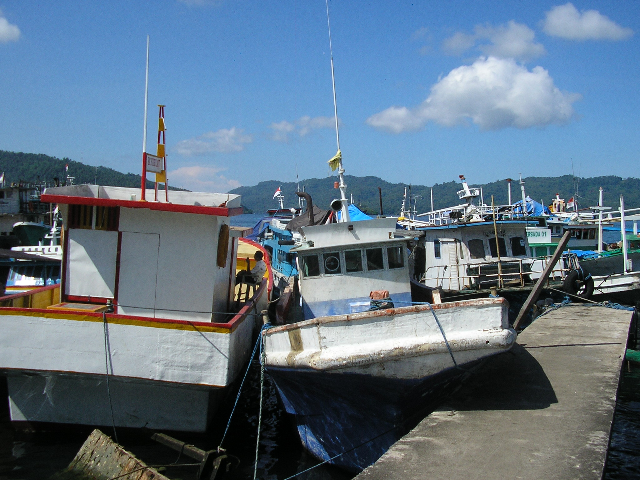 some boats are sitting at the dock on a sunny day