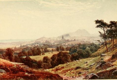 a painting showing a hilly valley, including sheep and trees