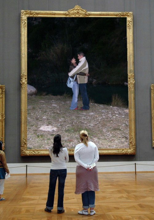 three people standing in front of an empty painting of a woman hugging a man