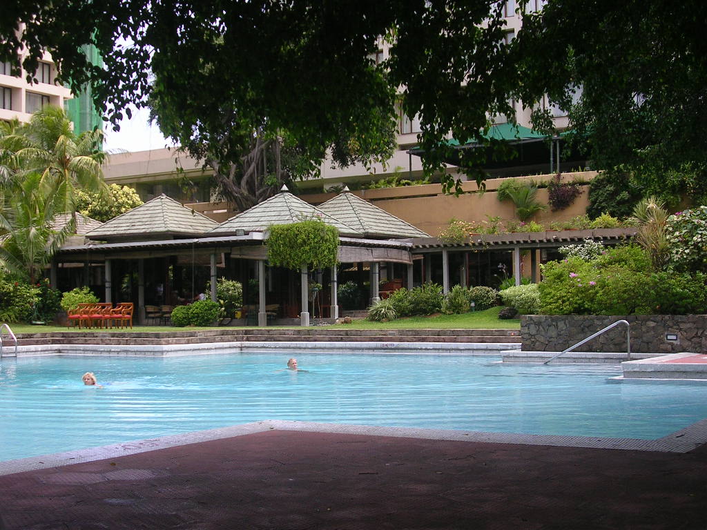 an empty pool near the el with people on it