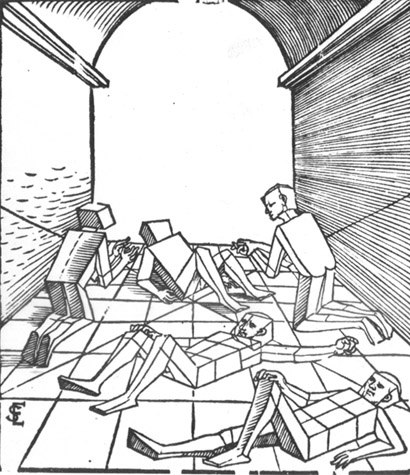 a drawing of people standing and laying on the ground in front of an arched window