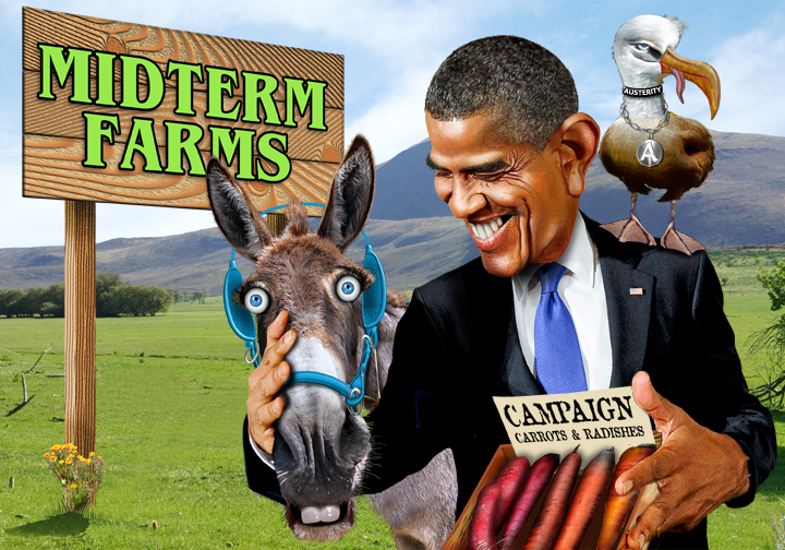 a caricature of the president holding a horse with a sign behind it