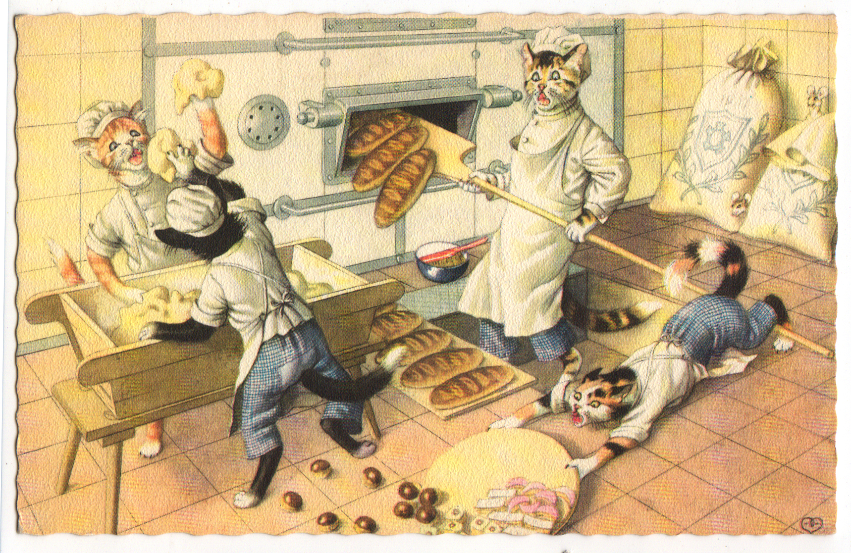 vintage cat family baking in a kitchen together