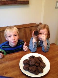 a close up of two s at a table with chocolate cookies