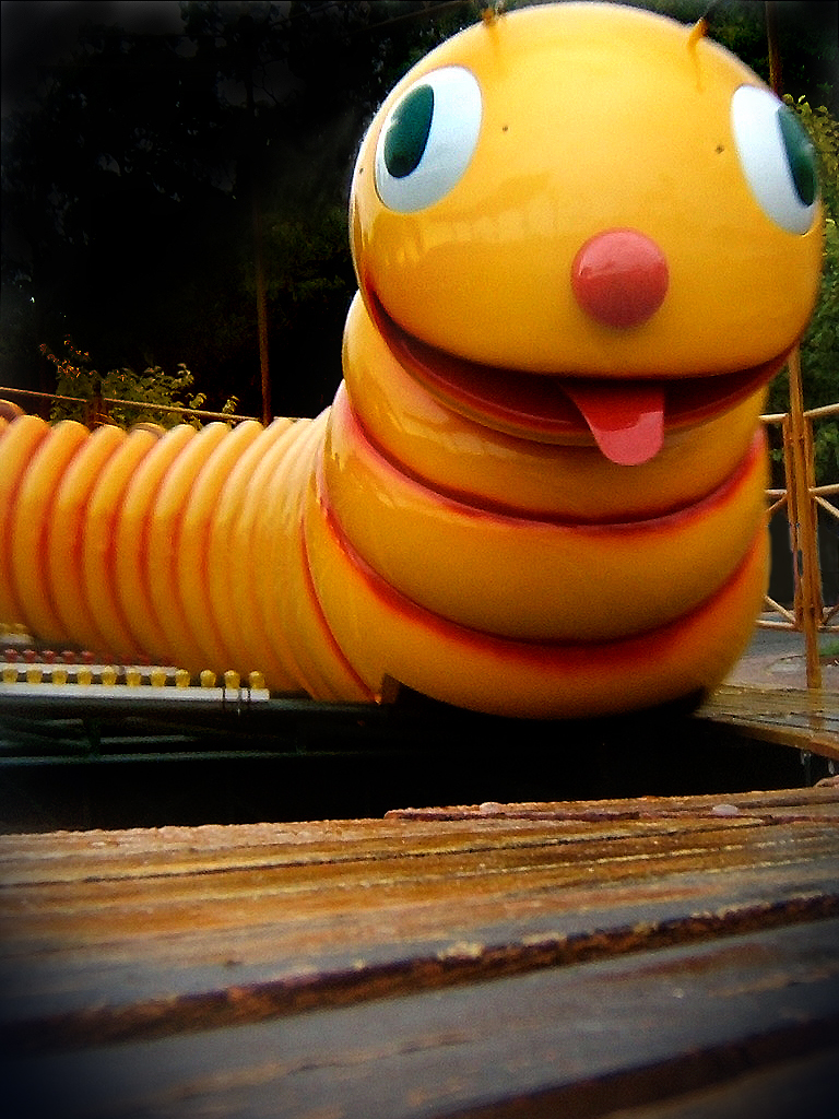 a close - up of the yellow snake with large googly eyes