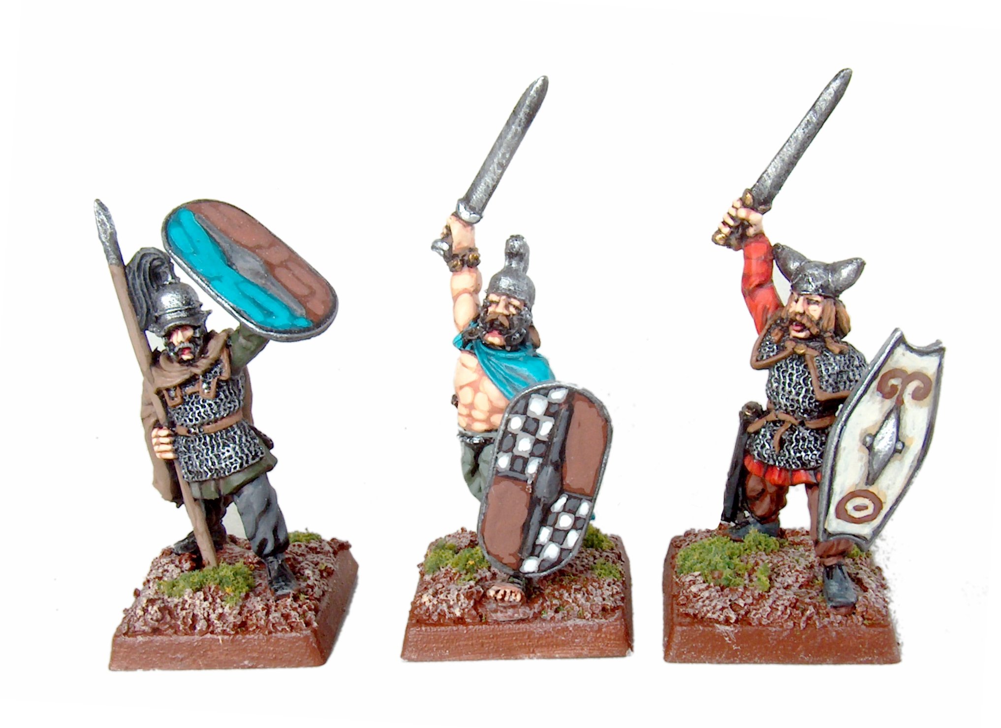 three miniature knights are holding swords and shield
