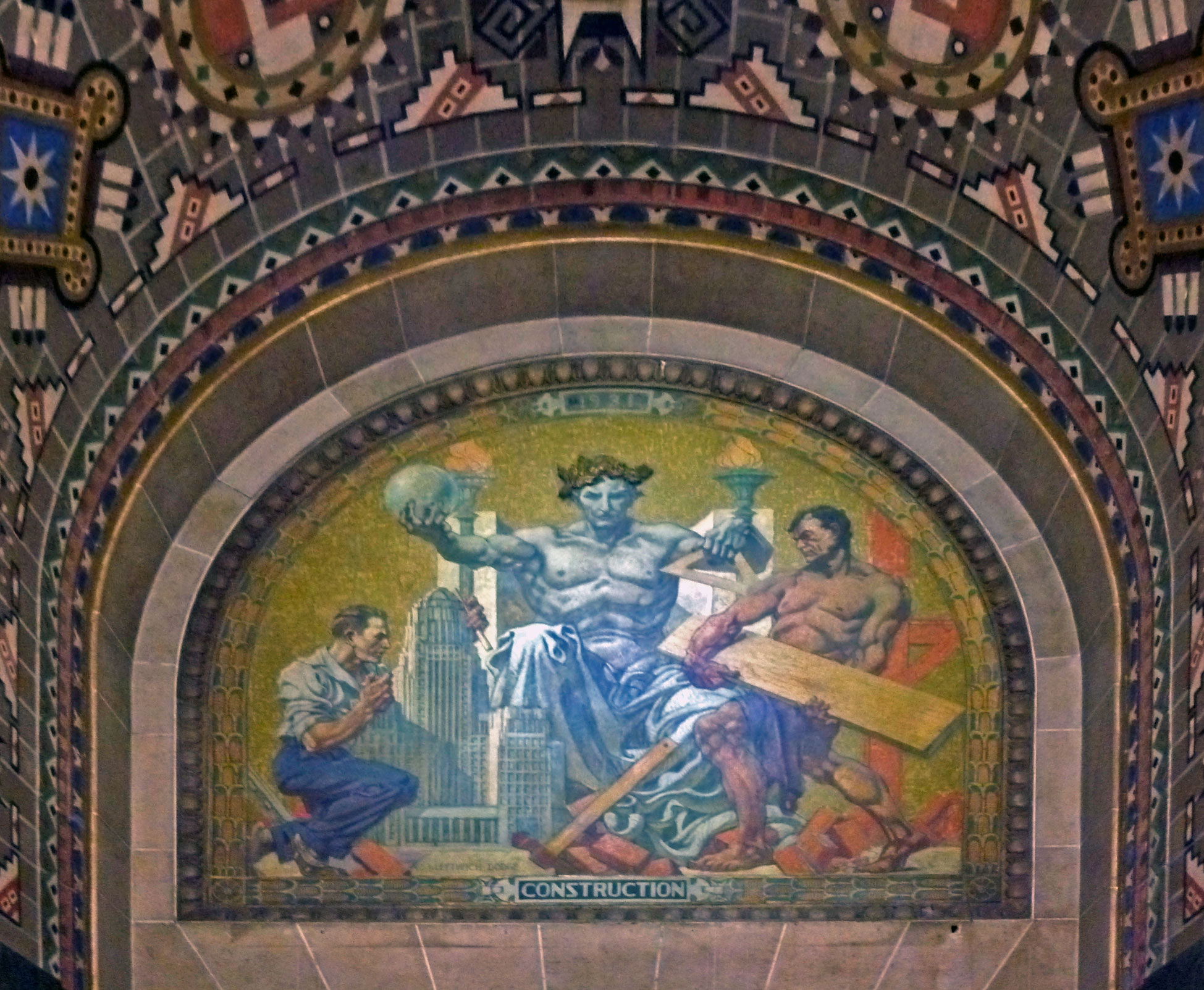 a mosaic panel with various men on it