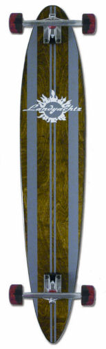 a longboard with two red wheels and grey stripes