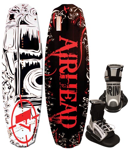 an artful wakeboard, snowboard, snowboard and snow boot are shown with some protective gear