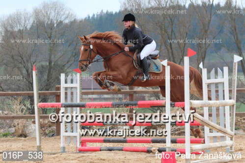 a woman riding a horse and jumping over a barrier