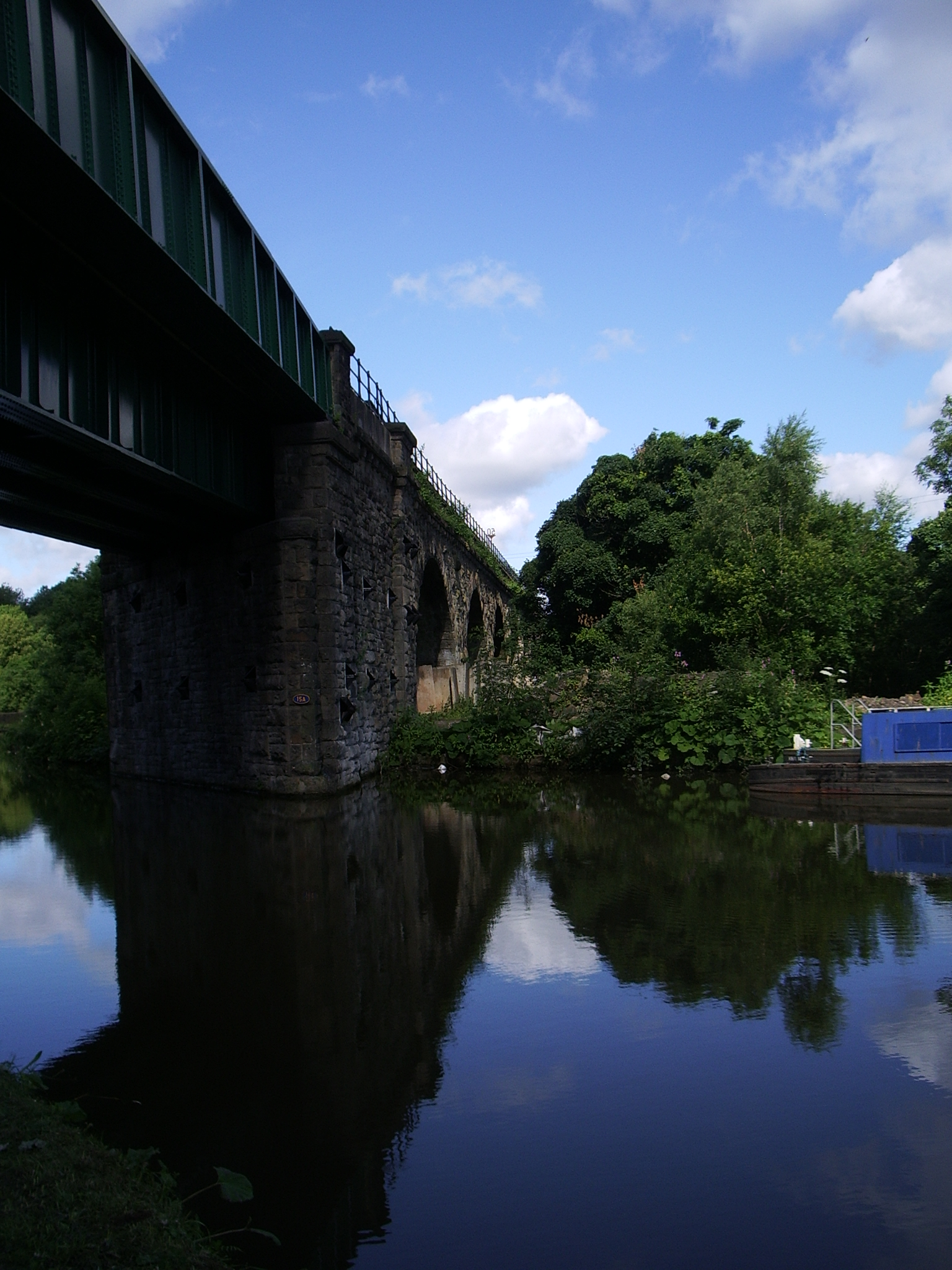 the bridge has a train on it near a body of water