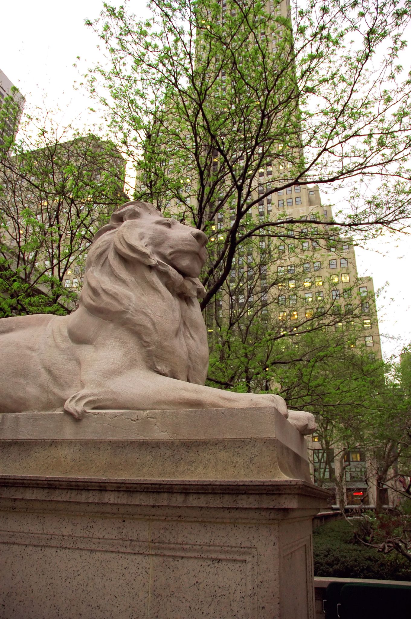 a large lion statue sitting in the middle of a city park