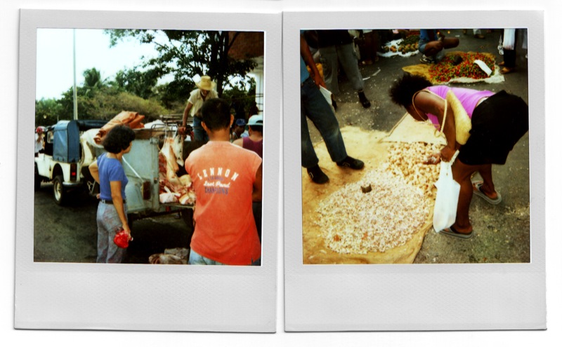 two pictures of people standing near a street and some food