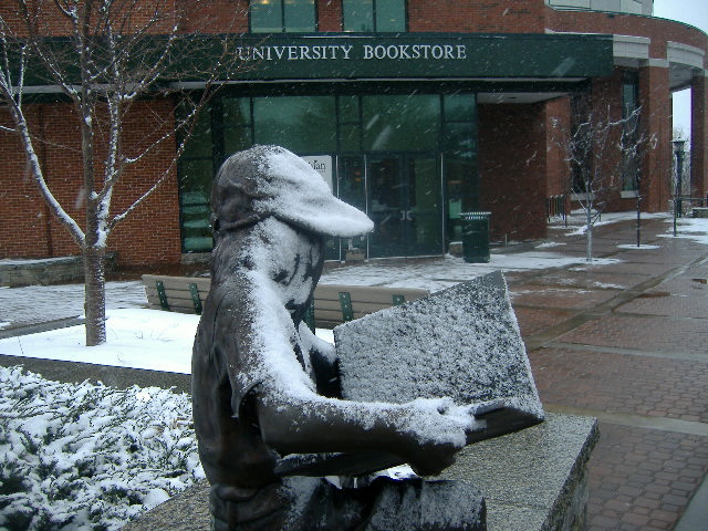 a statue of a woman reading a book in front of a university bookstore