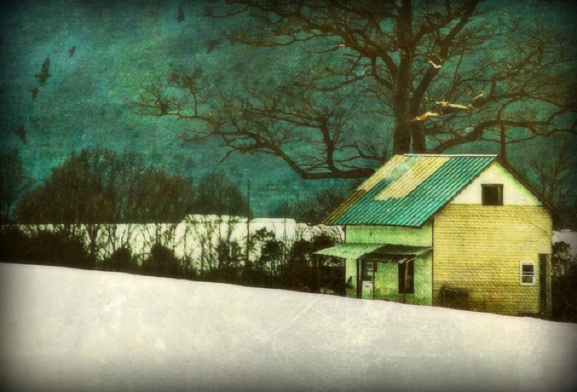 an old house is on the snow covered hill