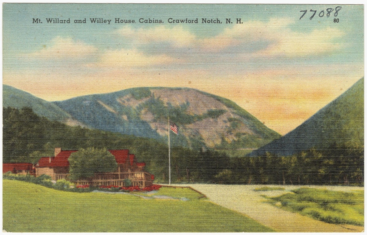 an old postcard shows a view of a house and mountain