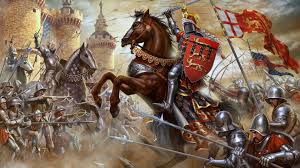 painting of battle between knights and knights in armor