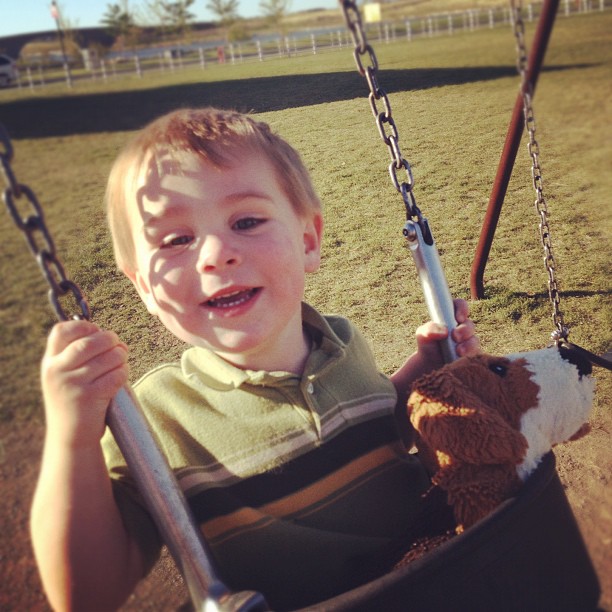 a little boy with blond hair in a swing at the park