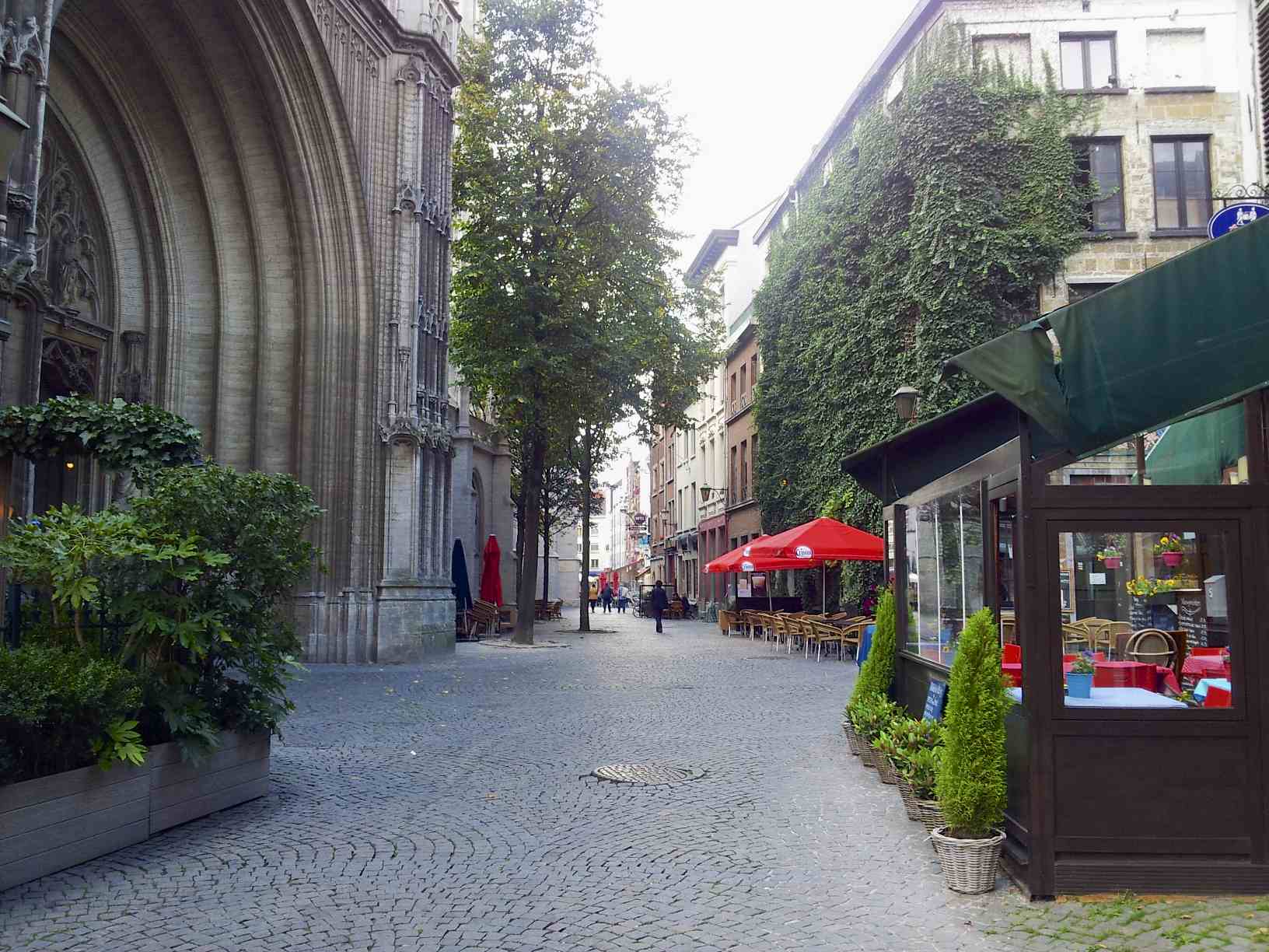 a street is lined with tables and red umbrellas
