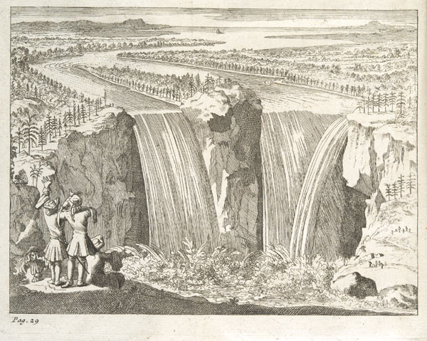 a engraving shows a couple standing at the base of a waterfall