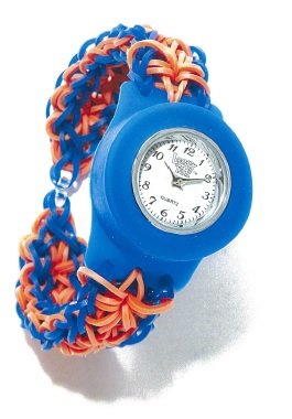 a blue wrist watch with chains and beads