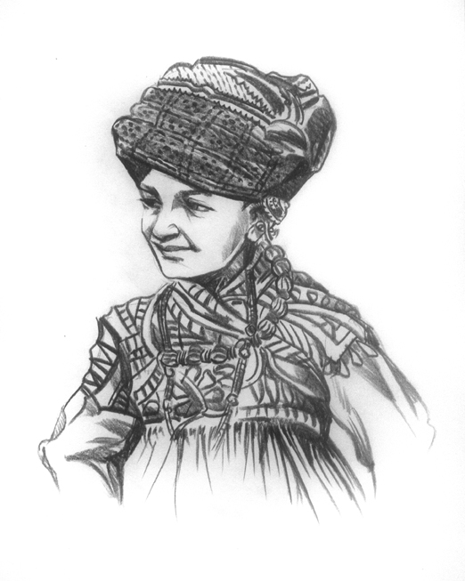 the drawing shows a woman in a dress with a hat on