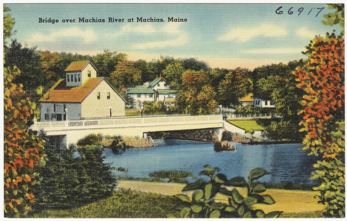 an old time postcard shows a bridge over a river