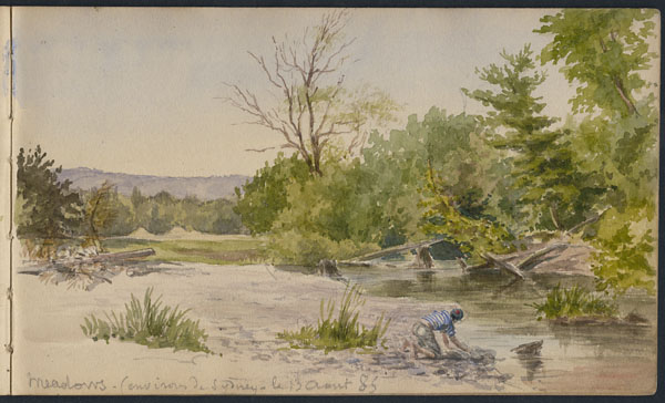 a watercolor painting of a person kneeling next to the river