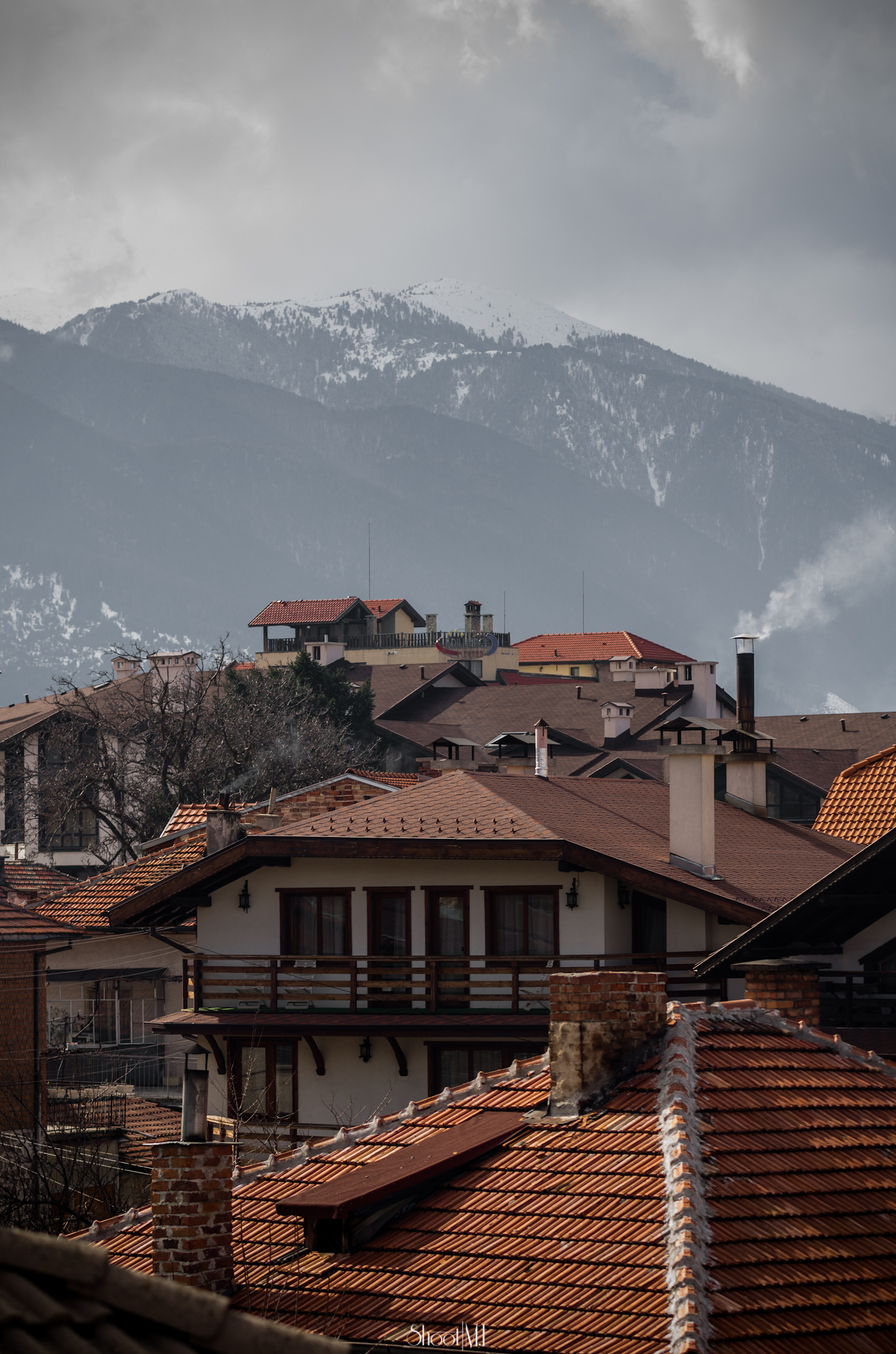 houses in the city with snow covered mountains in the background
